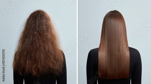Before and after comparison of frizzy versus smooth straight hair after treatment