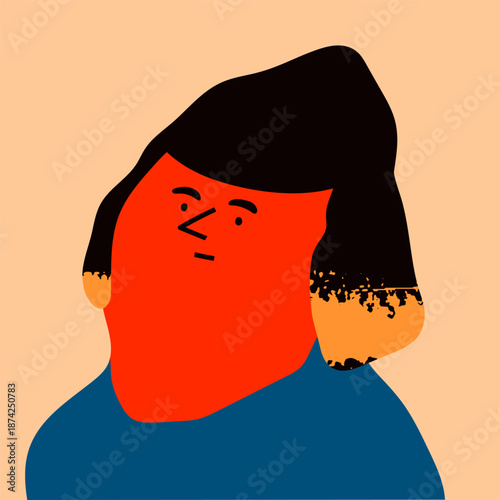 Young person with hat, blue shirt. Square portrait. Cute funny character. Trendy modern art. Cartoon, abstract contemporary style. Avatar, icon, logo template. Hand drawn Vector illustration