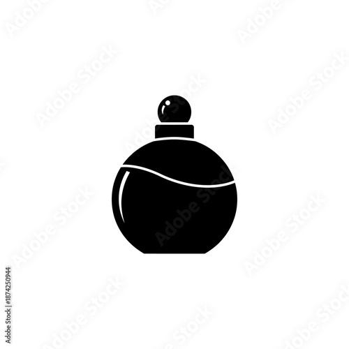 Black silhouette icon of a round perfume bottle, flat vector minimal style