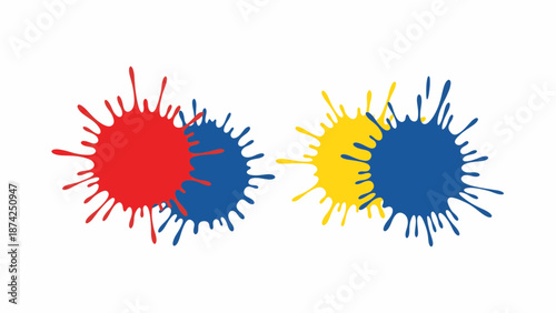 Vibrant overlapping paint splatters showcasing dynamic primary color combinations and artistic expression