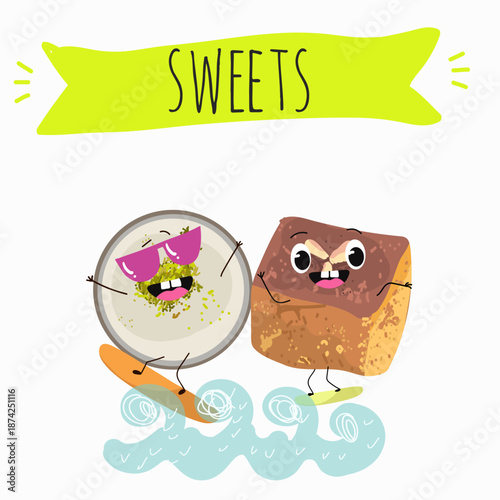 Funny Characters namoura, Turkish dessert, Kazandibi, Muhallebi, Tavuk Gogsu. Hand drawn vector illustration.