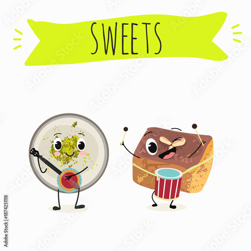 Funny Characters namoura, Turkish dessert, Kazandibi, Muhallebi, Tavuk Gogsu. Hand drawn vector illustration.