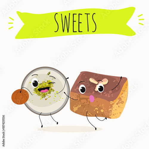 Funny Characters namoura, Turkish dessert, Kazandibi, Muhallebi, Tavuk Gogsu. Hand drawn vector illustration.