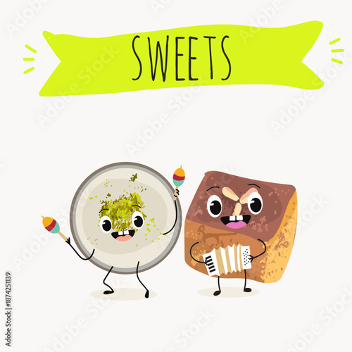 Funny Characters namoura, Turkish dessert, Kazandibi, Muhallebi, Tavuk Gogsu. Hand drawn vector illustration.