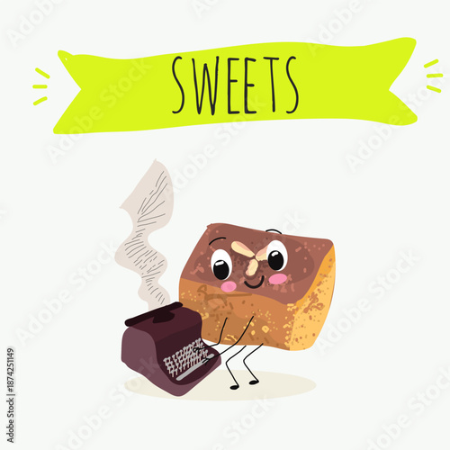 Funny Characters namoura, Turkish dessert, Kazandibi, Muhallebi, Tavuk Gogsu. Hand drawn vector illustration.