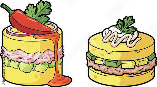 Flat vector illustration of traditional Peruvian Causa Limeña, featuring layered yellow potatoes with chicken and tuna filling. Perfect for food menus and travel themes.