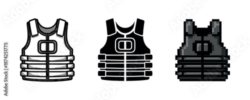 Set of three bulletproof vest designs: hatching, solid, pixel art styles