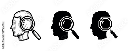 Silhouette of human heads with magnifying glass in vintage, modern, and pixel art styles