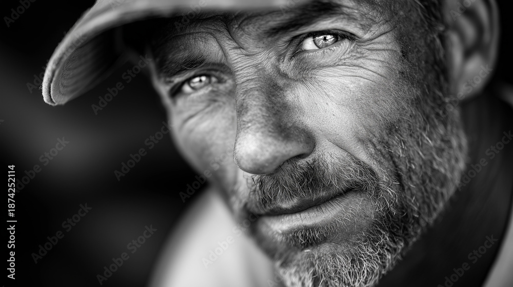 Obraz premium Construction Worker on Water Break, Face Smudged with Dust and Sweat, Direct Gaze with Calm Tired Expression.