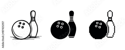 Bowling icons trio: retro, solid, pixel art styles