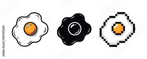 Three stylized fried eggs: retro comic, negative space, pixelated design
