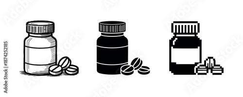 Three styles of pill bottles: sketch, silhouette, and pixel art