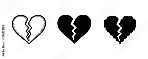 Three broken heart styles: sketch, solid, pixel art in black and white