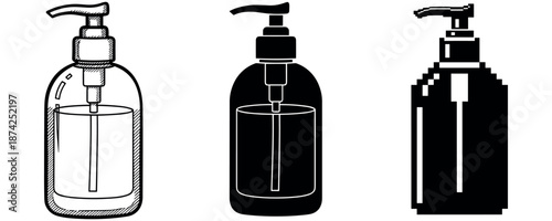 Black and white lotion pump bottles in sketch, silhouette, and pixel art styles