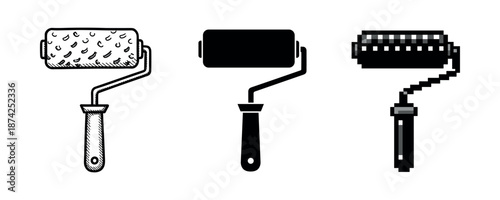 Artistic evolution: stipple, solid, pixel paint rollers on white canvas