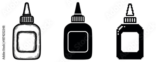 Variety of glue bottles: hand-drawn, silhouette, pixel art styles