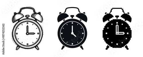 Three alarm clock designs: sketch, solid, pixel art on white background