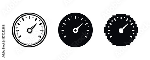 Variety of speedometers: sketch, solid, pixel art styles