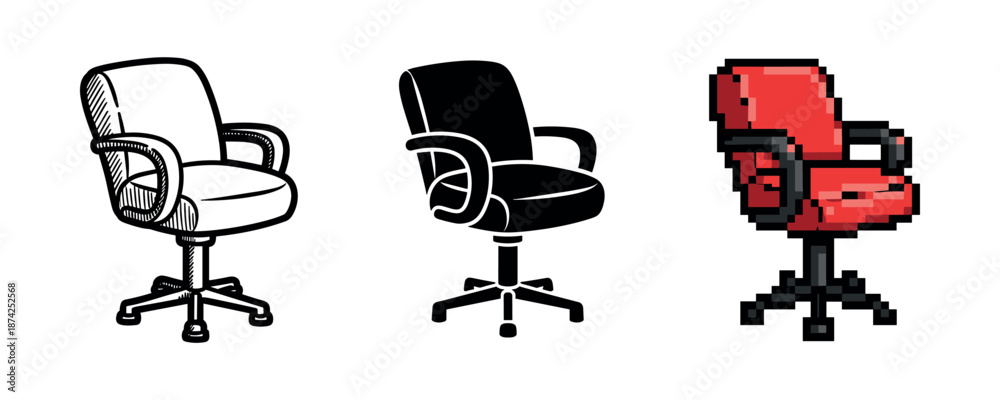 Fototapeta premium Comparison of office chair in sketch, silhouette, and pixel art styles