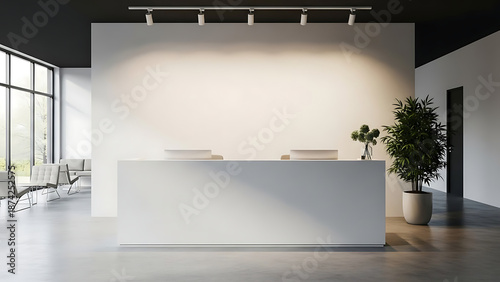 Reception Desk Interaction in Modern Office Lobby, Business, Daylight, Wide Angle, Minimalist Design Concept