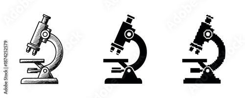 Evolution of microscope icons: sketch, silhouette, pixel art styles
