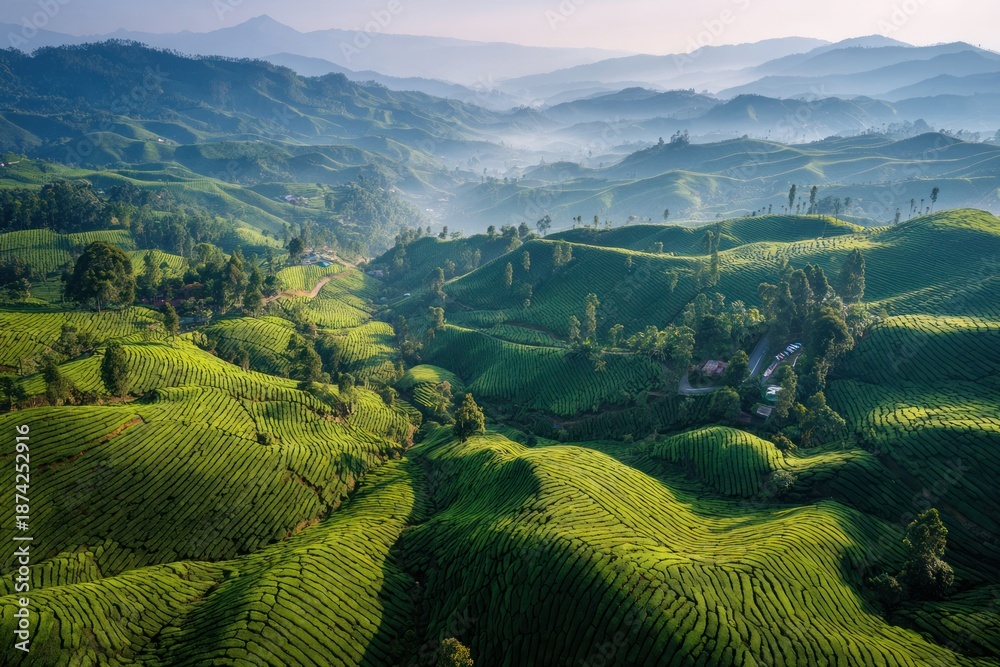 Obraz premium Aerial view of rolling green tea plantations, repeating lines, early morning light, deep greens, soft haze, landscape photography, natural saturation, calm atmosphere