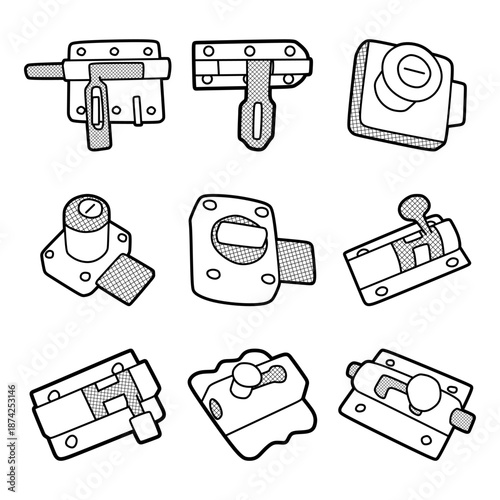 various images of door locks, black and white lines, the thickness of the lines can be changed