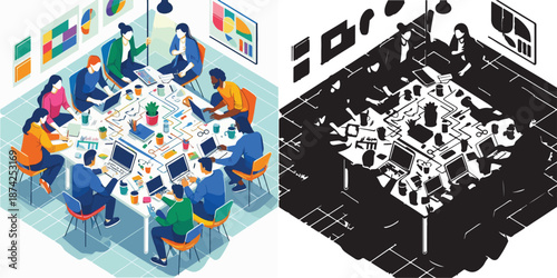 Vector set of illustrations and silhouettes about startups and teamwork in the office