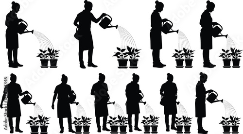 Gardening woman silhouette set watering potted plants, home garden care concept, black vector illustration collection for agriculture nature lifestyle design