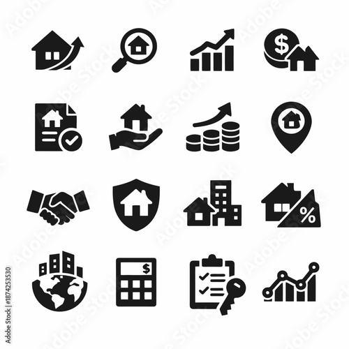 Real estate icons set: growth, investment, and analytics in housing market