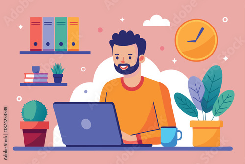 Male Entrepreneur Working on Startup Project with Laptop, Vector Illustration of Innovation and Modern Business Concepts