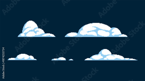 Pixel Art Snow Drifts Set. Winter Landscape Elements on Dark Blue Background.
