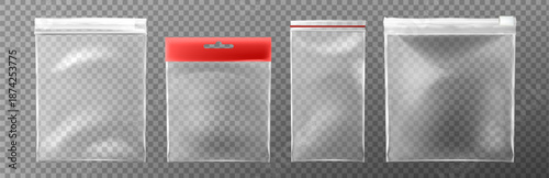 Transparent plastic bags with zipper closure. Clear vinyl pouches in various sizes - ziplock packaging mockups with resealable seals, white top handle and realistic shadow for product display template