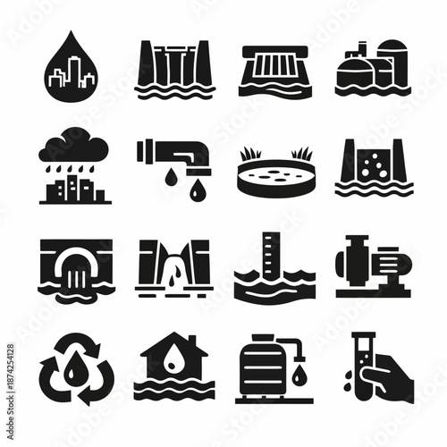 Water management icons: reservoir, filtration, recycling, and infrastructure