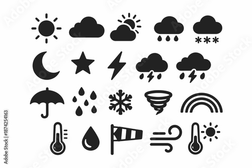 Weather icons: sun, clouds, rain, snow, moon, star, lightning, umbrella