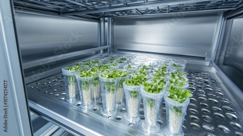 Rows of young plants undergoing scientific research and controlled growth in transparent containers within a laboratory chamber