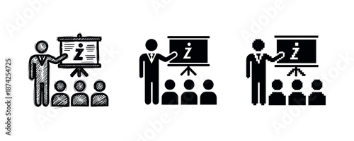 Business presentation icons: group discussion and training visuals
