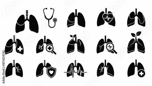 Collection of Lung Icons Representing Health and Medical Concepts.