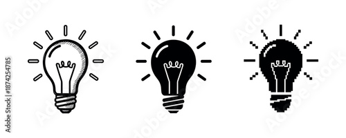 Set of three light bulb icon variations: sketch, solid, pixel art
