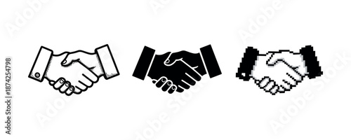 Three styles of handshake icons: sketch, solid, pixel art representations