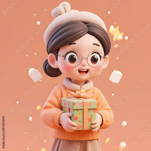Cute 3D Cartoon Girl with Glasses Holding Gift Box Surrounded by Floating Marshmallows｜ギフトボックスを持つ3Dかわいいメガネの女の子と浮かぶマシュマロ