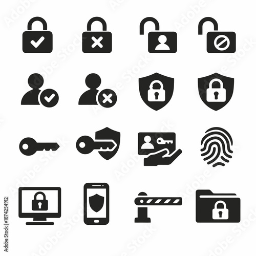 Security icons set: locks, key, fingerprint, shield, devices, privacy symbols