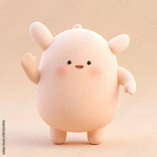 Cute 3D Kawaii Cartoon Character with Blushing Cheeks and Raised Hand｜ほっぺが赤い手を挙げた可愛い3Dカワイイキャラクター