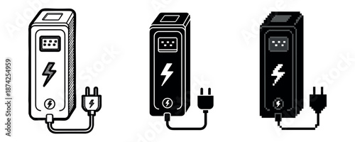 Three styles of power banks with plug and lightning bolt symbol
