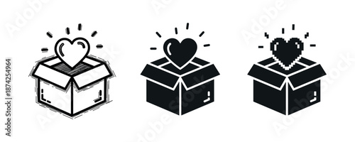 Heart icons emanating from boxes in three artistic styles: sketch, solid, pixel