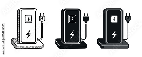 Set of three electric vehicle charging stations in retro style