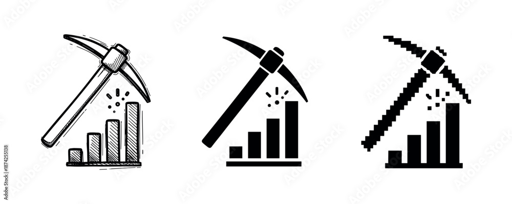 Fototapeta premium Set of mining icons with pickaxe and bar chart designs