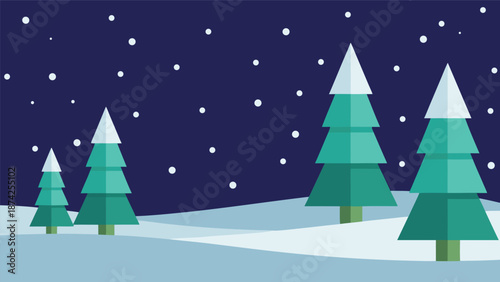 Festive vector illustration of snow-covered pine trees under a starry night sky, perfect for holiday designs