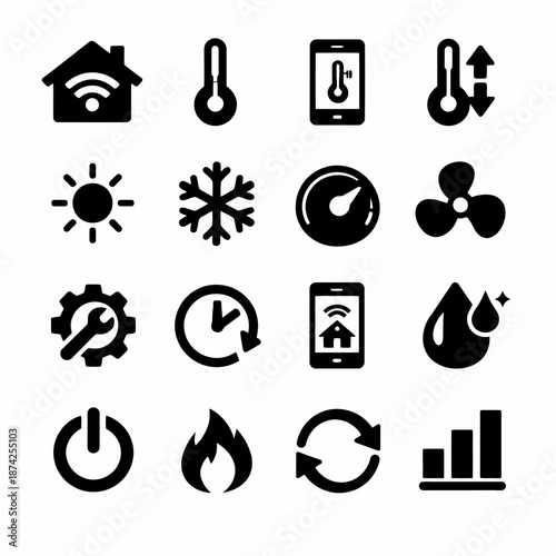 Smart home icon set: temperature, energy, control, and connectivity symbols