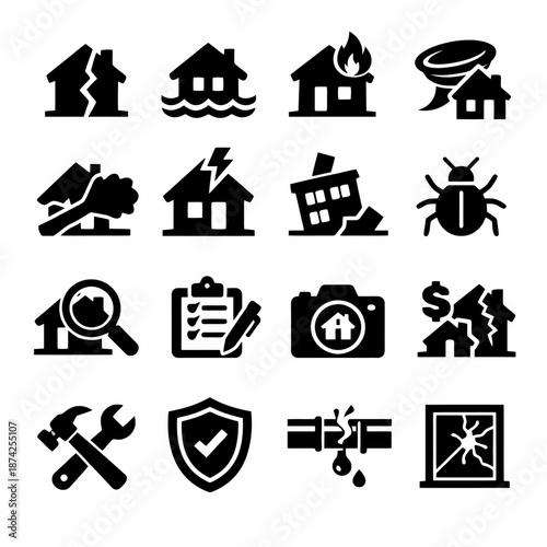 Natural disasters icons: earthquake, flood, fire, tornado, damage symbols